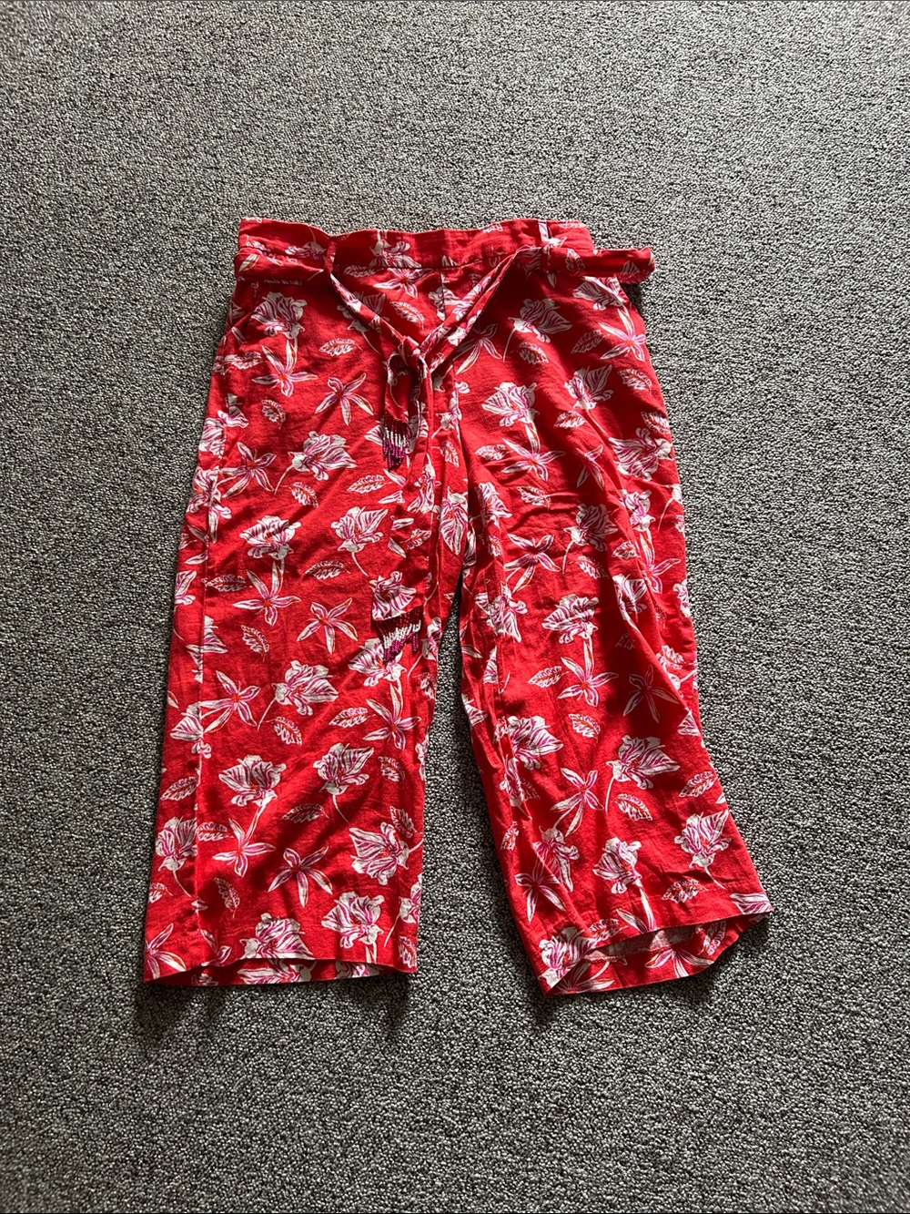 Wide Leg Red Floral Pull-On Pants with Tie Waist vacation